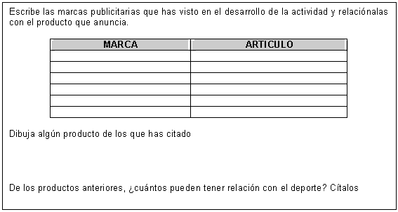 Cuadro de texto: Escribe las marcas publicitarias que has visto en el desarrollo de la actividad y relaciónalas con el producto que anuncia.    MARCA	ARTICULO  	  	  	  	  	  	    Dibuja algún producto de los que has citado          De los productos anteriores, ¿cuántos pueden tener relación con el deporte? Cítalos    