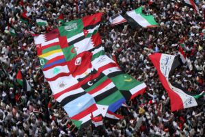 Egyptian demonstrators hold the flags of